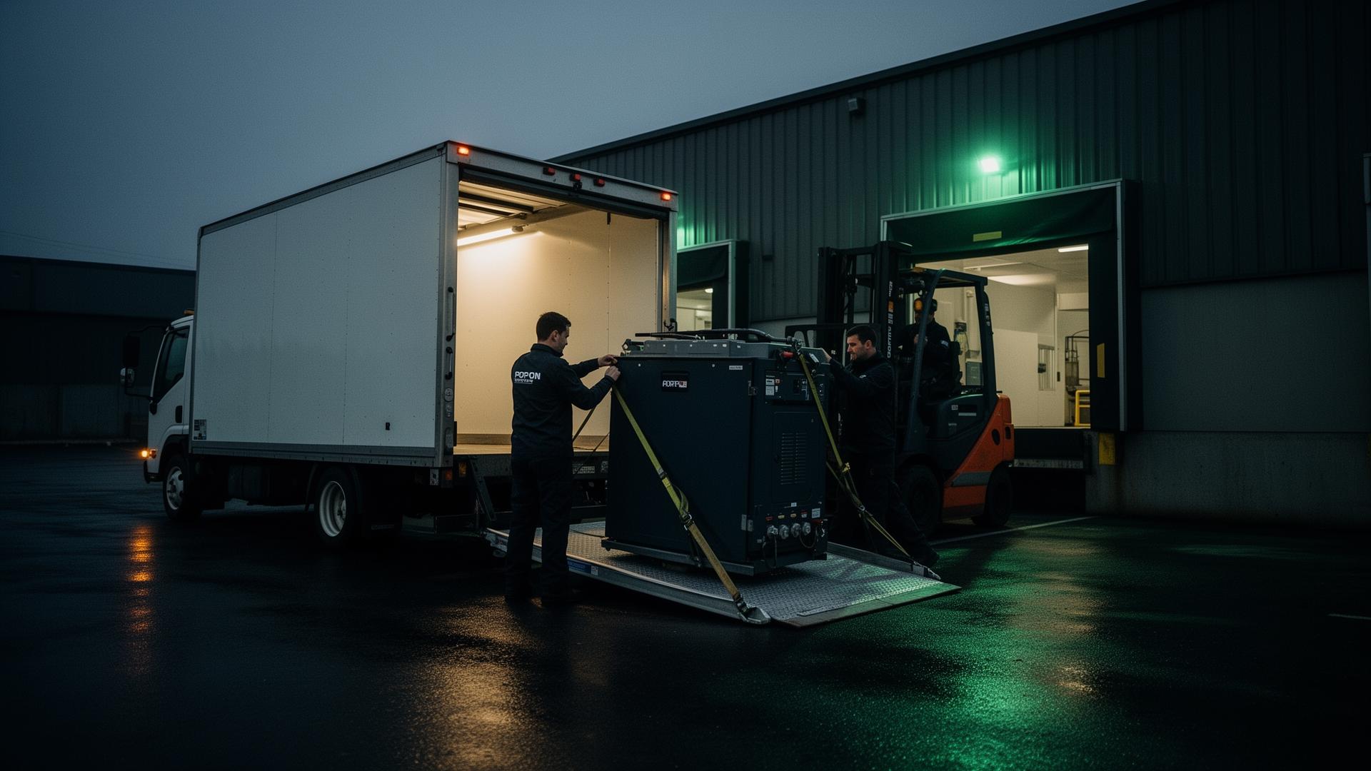 White service truck collecting a forklift traction battery at a loading dock — door-to-door pickup